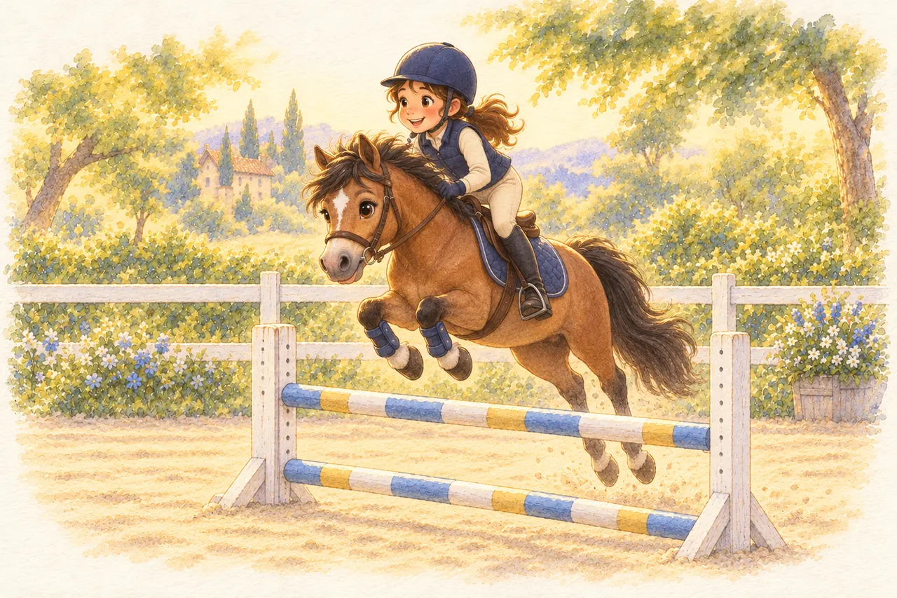 Une cavalière saute un petit obstacle droit sur un poney bai