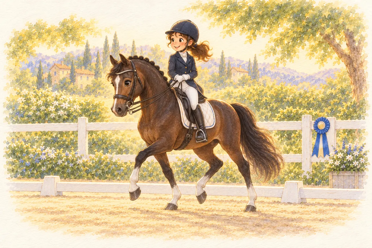 Une cavalière monte en bride un cheval bai brun au trot rassemblé dans une carrière de dressage
