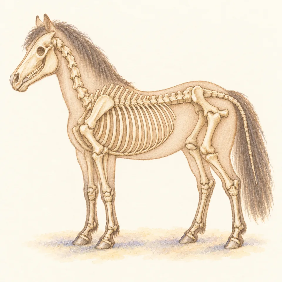 Le squelette du poney peint dans sa silhouette au crayon, de profil