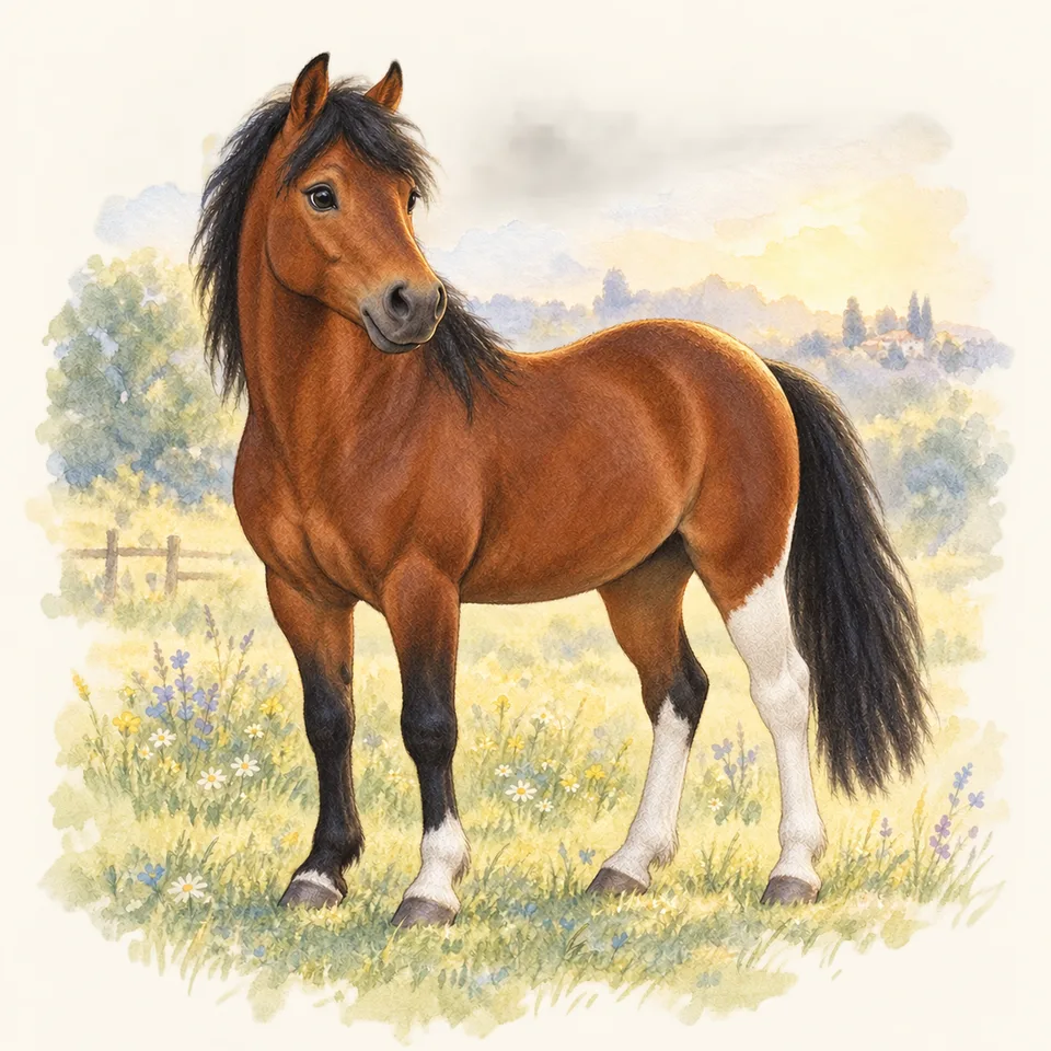 Cheval de robe balzanes, vu de trois quarts dans un pré.