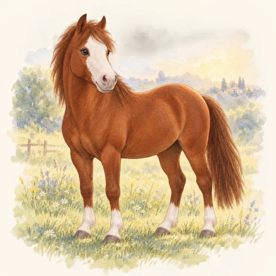 Cheval de robe belle face, vu de trois quarts dans un pré.