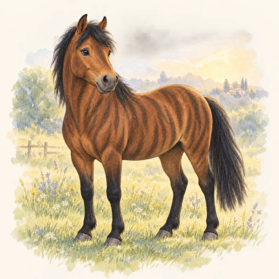 Cheval de robe bringé, vu de trois quarts dans un pré.