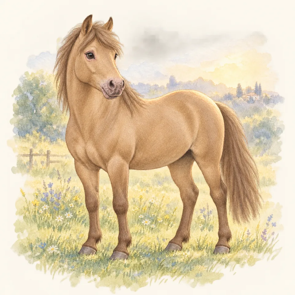 Cheval de robe café au lait, vu de trois quarts dans un pré.