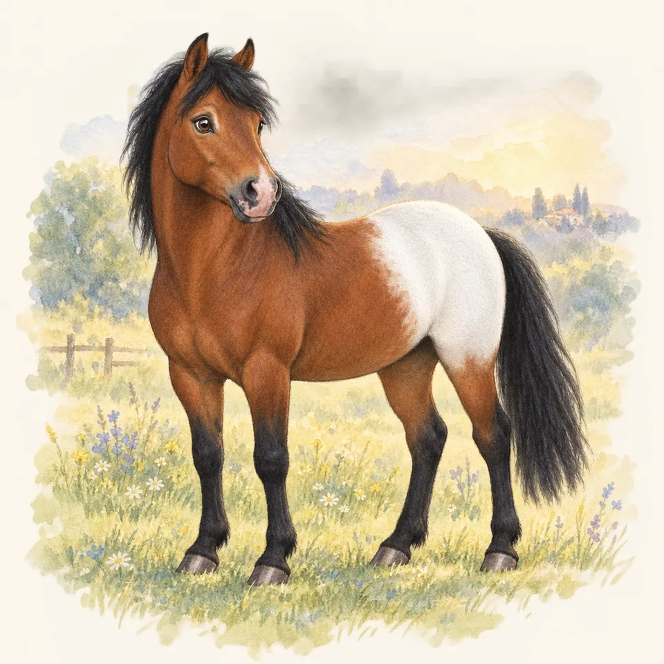 Cheval de robe capé, vu de trois quarts dans un pré.