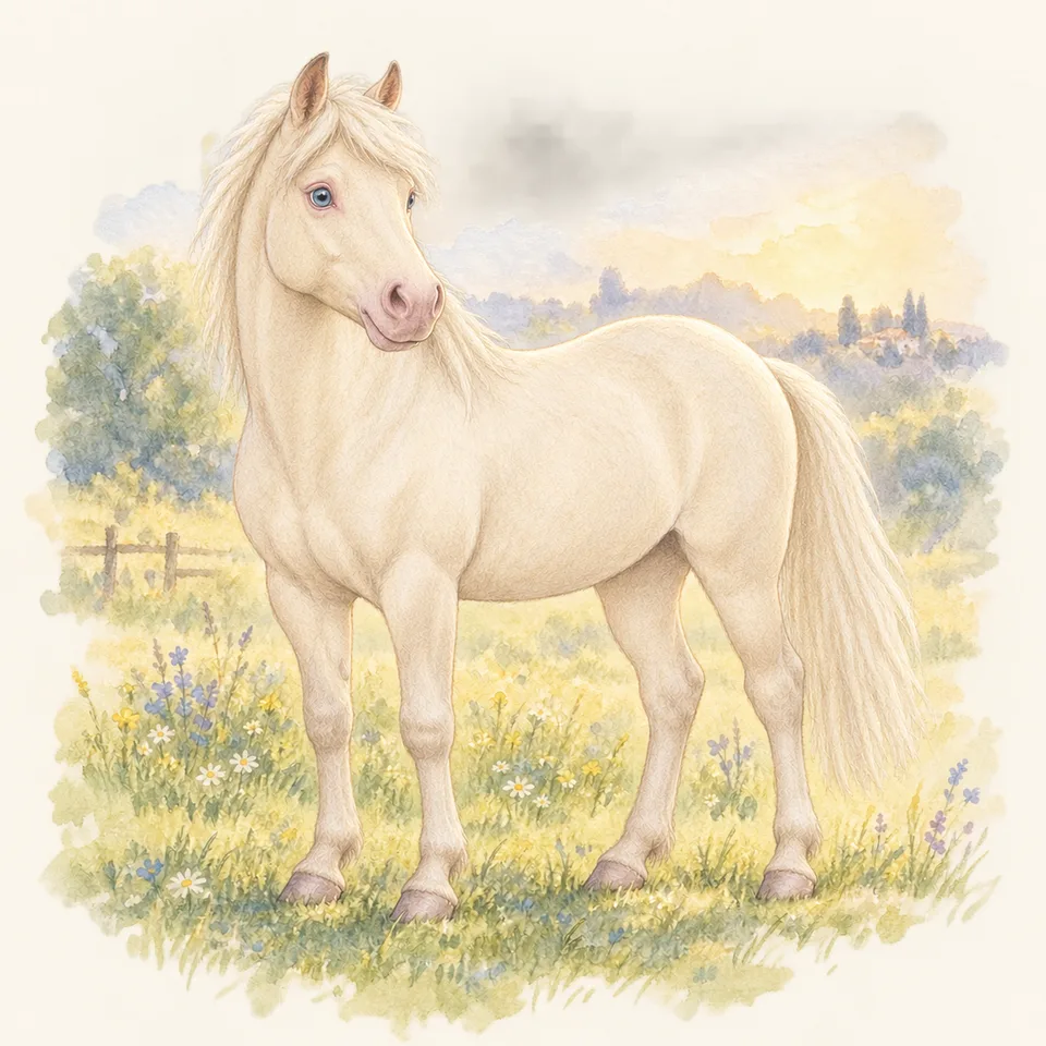 Cheval de robe cremello, vu de trois quarts dans un pré.