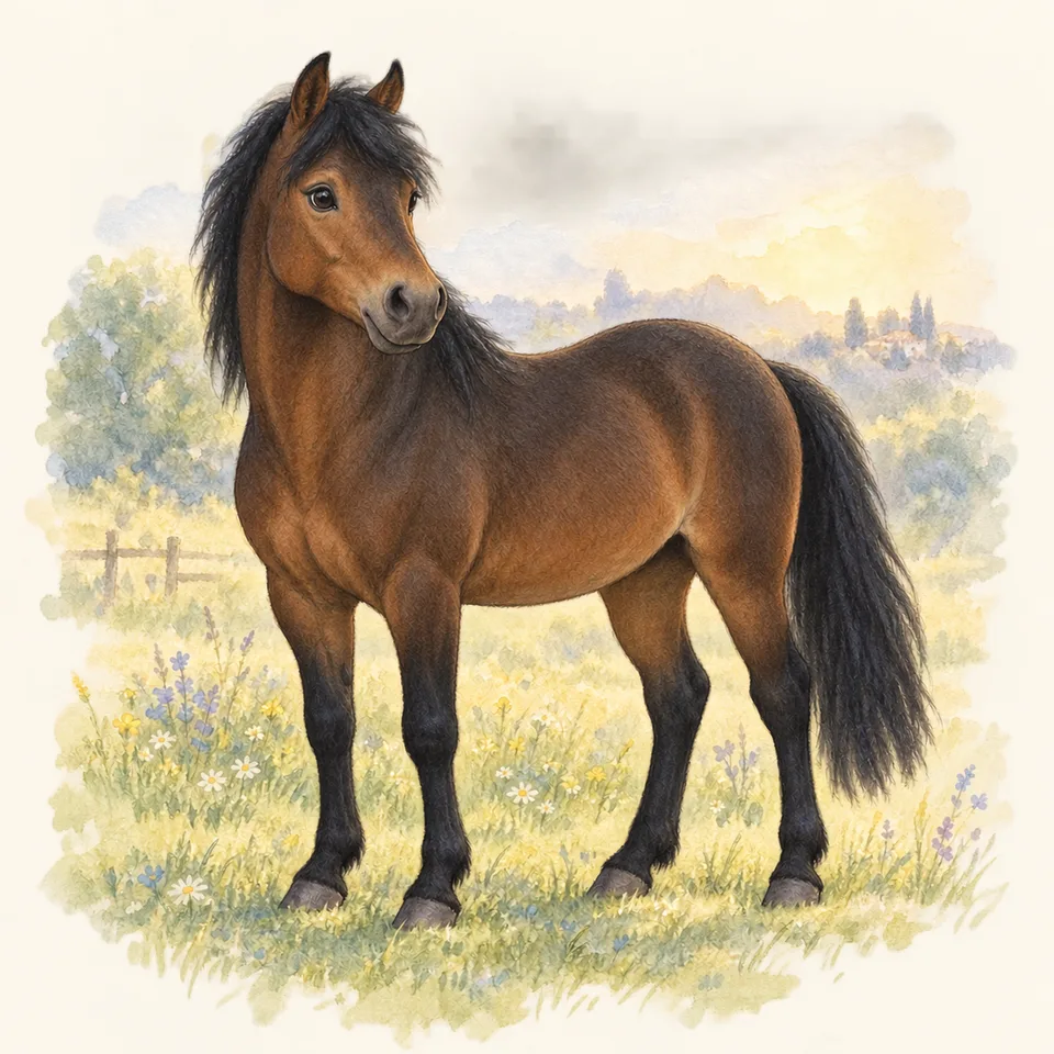 Cheval de robe fumé, vu de trois quarts dans un pré.
