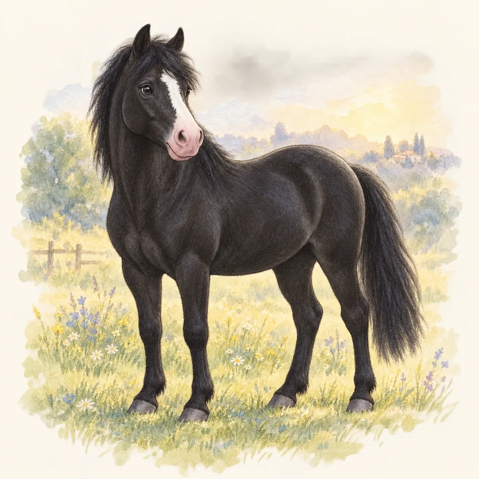 Cheval de robe ladre, vu de trois quarts dans un pré.
