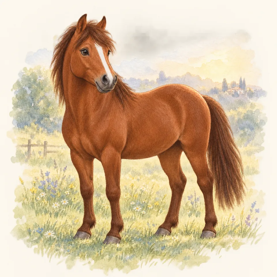Cheval de robe liste, vu de trois quarts dans un pré.