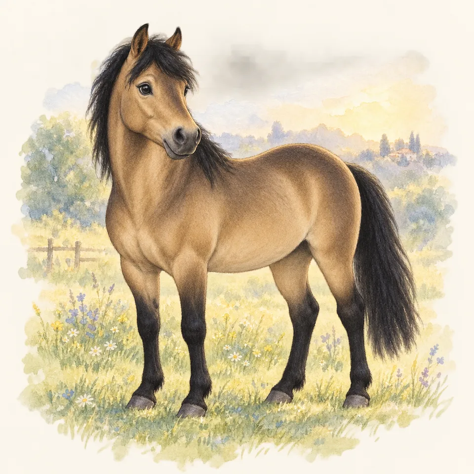 Cheval de robe louvet, vu de trois quarts dans un pré.