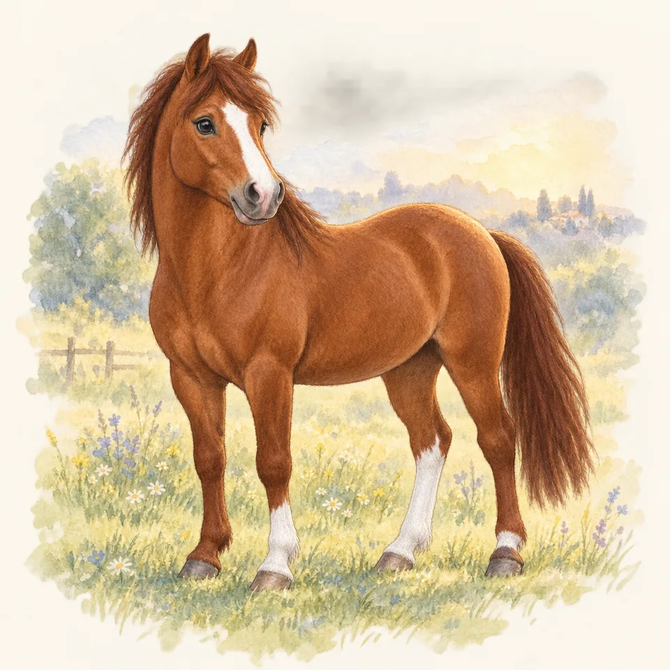 Cheval de robe marques blanches, vu de trois quarts dans un pré.