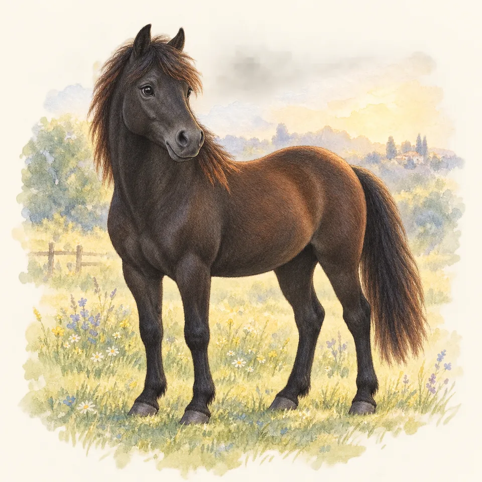 Cheval de robe noir mal teint, vu de trois quarts dans un pré.