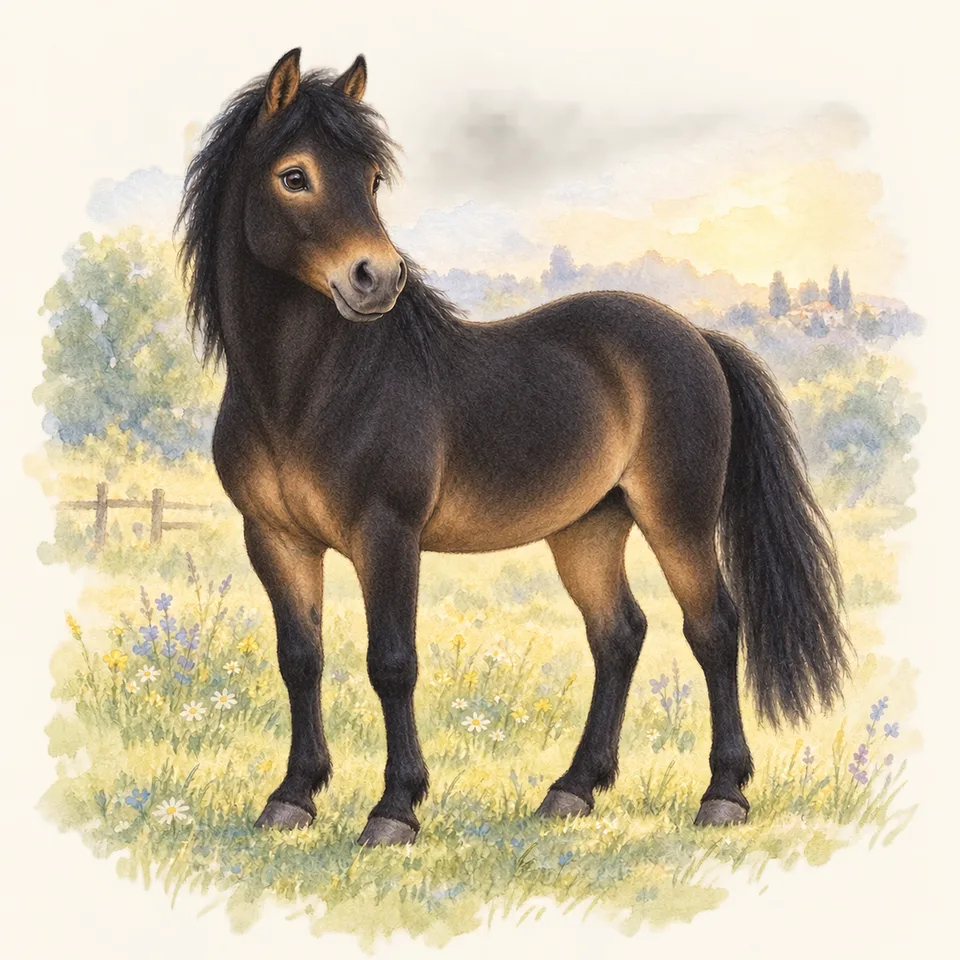 Cheval de robe noir pangaré, vu de trois quarts dans un pré.