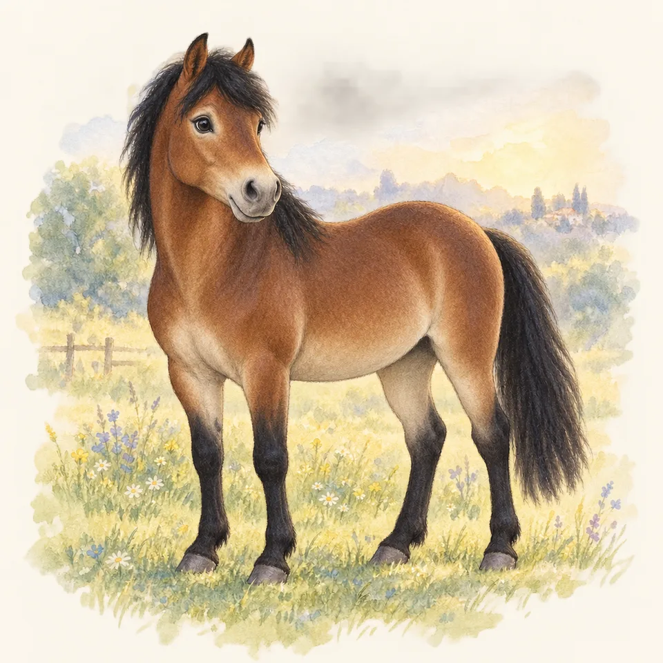 Cheval de robe pangaré, vu de trois quarts dans un pré.