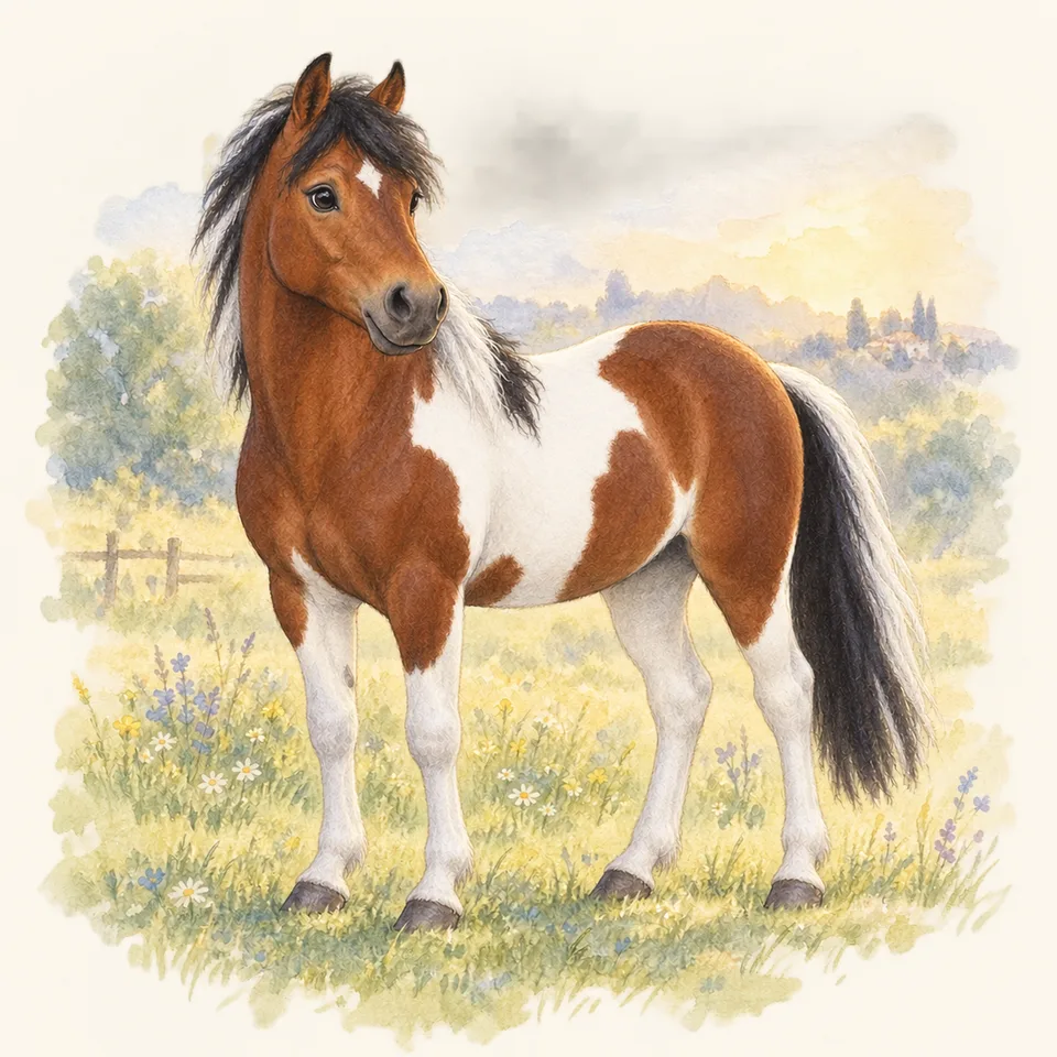 Cheval de robe pie, vu de trois quarts dans un pré.