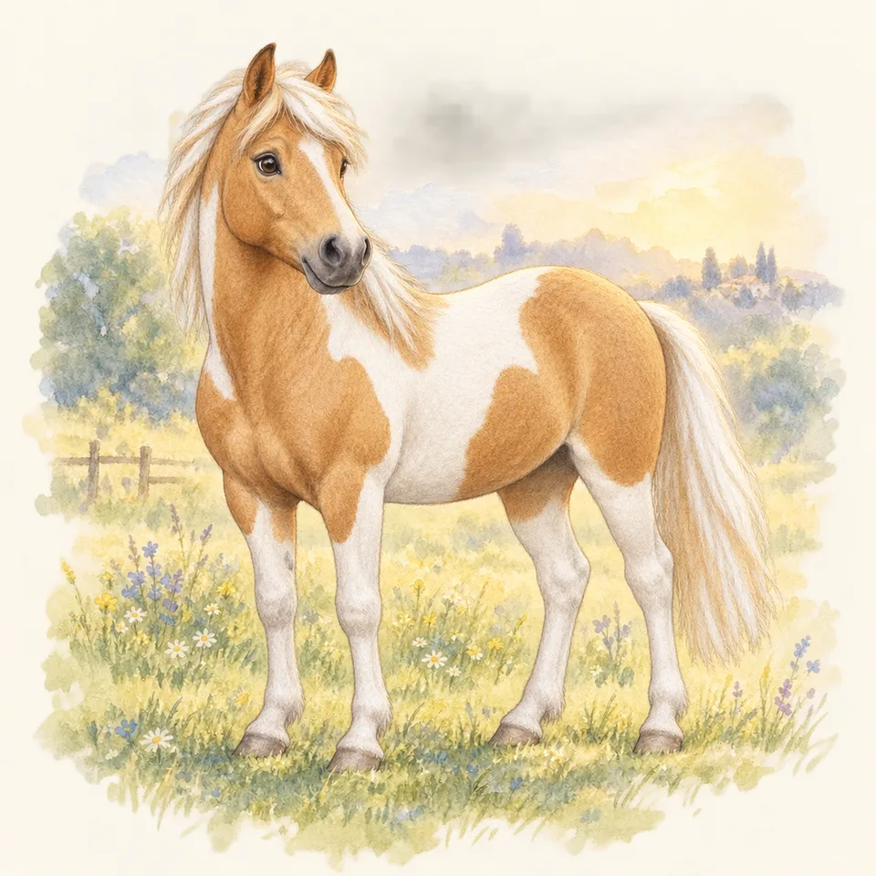 Cheval de robe pie tobiano, vu de trois quarts dans un pré.