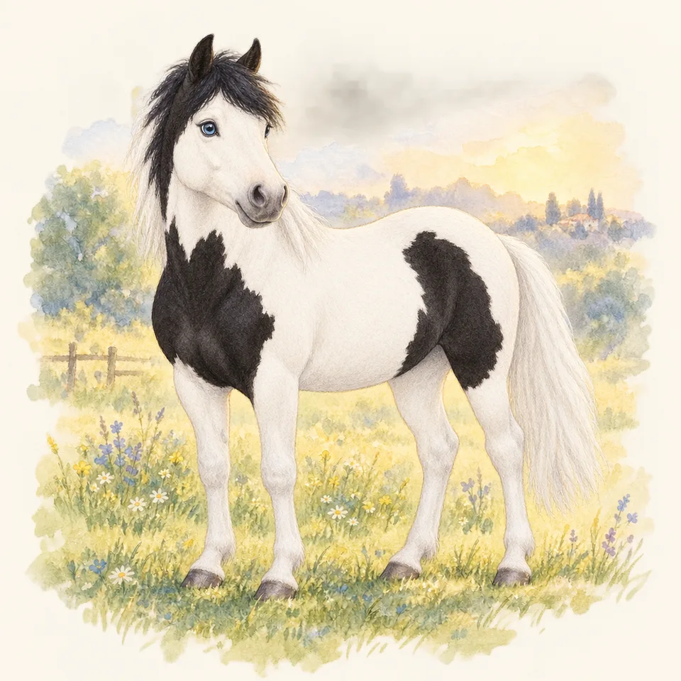 Cheval de robe pie tovero, vu de trois quarts dans un pré.