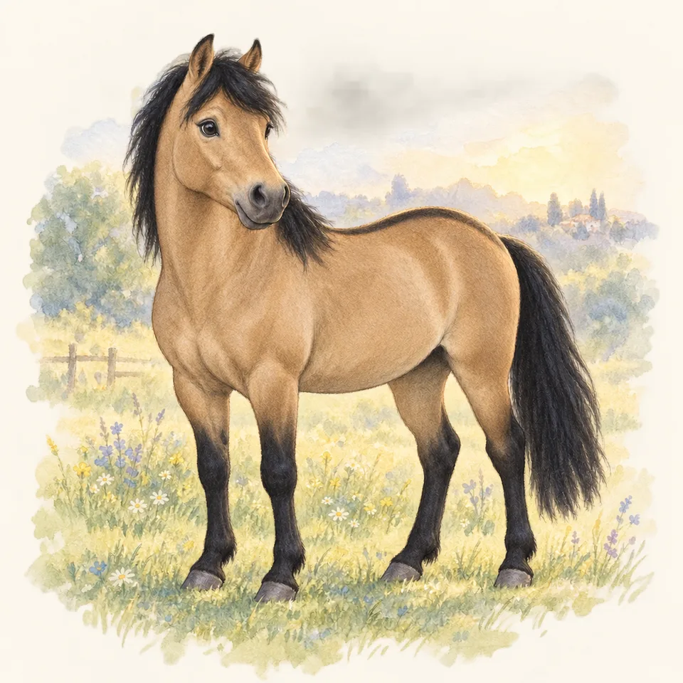 Cheval de robe raie de mulet, vu de trois quarts dans un pré.