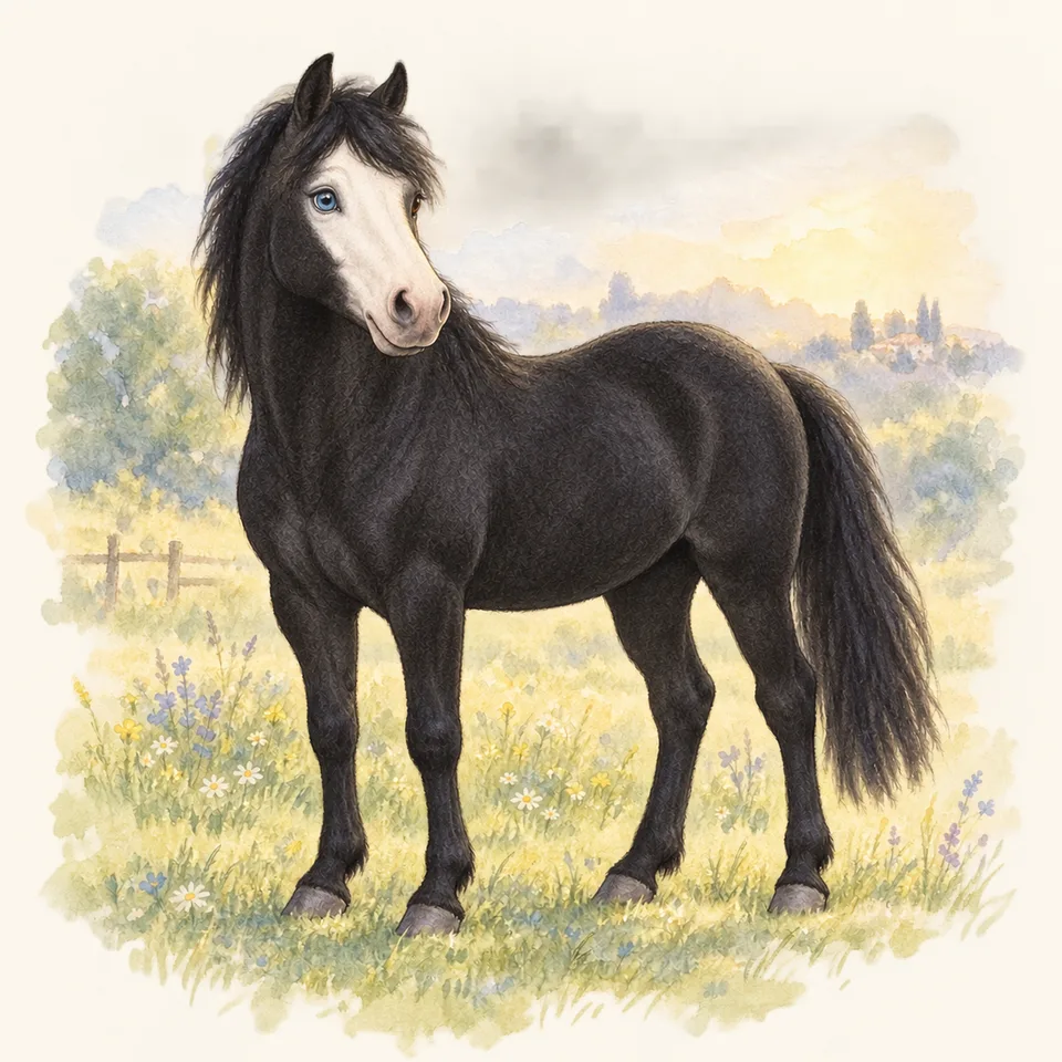 Cheval de robe yeux vairons, vu de trois quarts dans un pré.