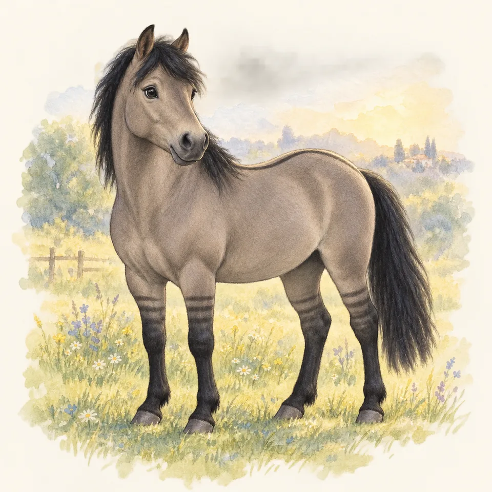 Cheval de robe zébrures, vu de trois quarts dans un pré.