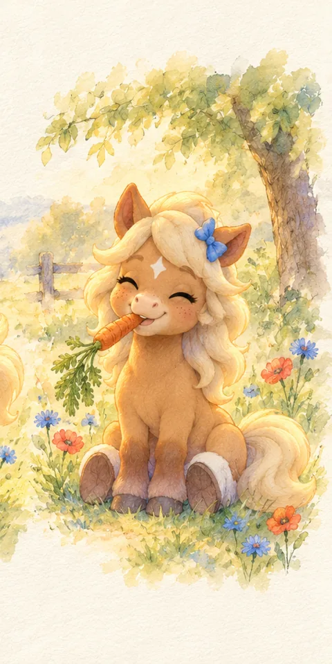Biscotte, la ponette miel au nœud bleuet, croque une carotte dans le pré