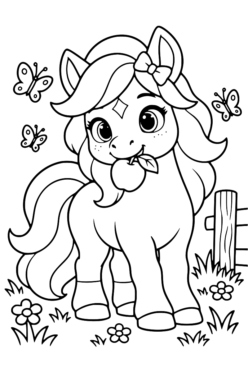 Biscotte, ponette couleur miel aux crins crème, grignote une petite pomme dans un pré fleuri avec une barrière et des papillons.