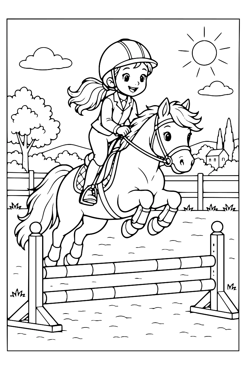 Jeune cavalière casquée sautant une barre d’obstacle basse et rayée avec son poney dans une carrière clôturée.