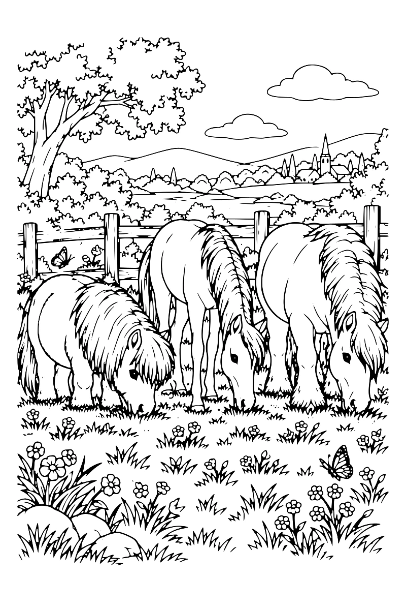Trois poneys, un trapu, un fin et un robuste, broutent côte à côte dans un pré près d’une barrière en bois.