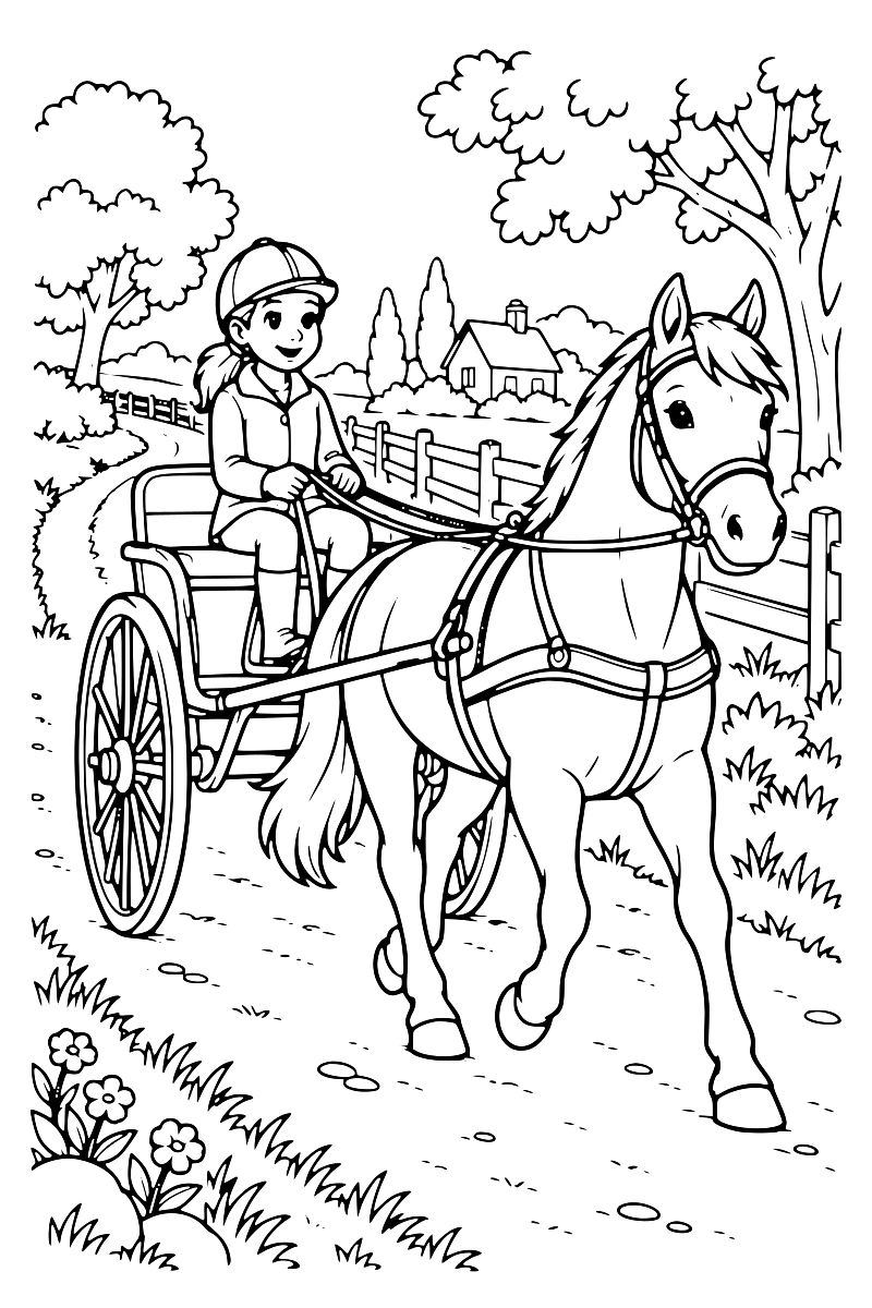 Cheval attelé à une carriole légère sur un chemin de campagne, avec un meneur assis tenant les rênes, des arbres et une clôture.