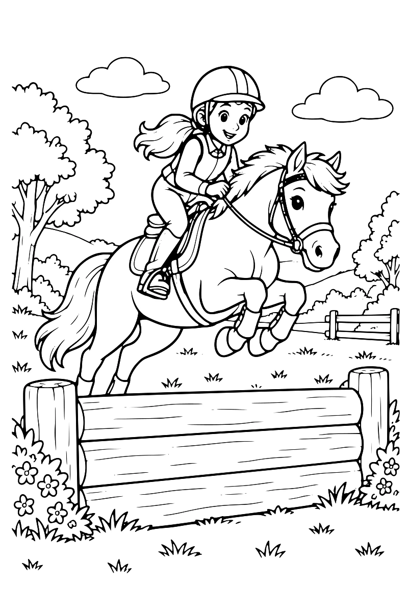 Jeune cavalière portant un casque, en suspension avec son poney au-dessus d’un obstacle naturel en bois, dans un pré bordé d’arbres.
