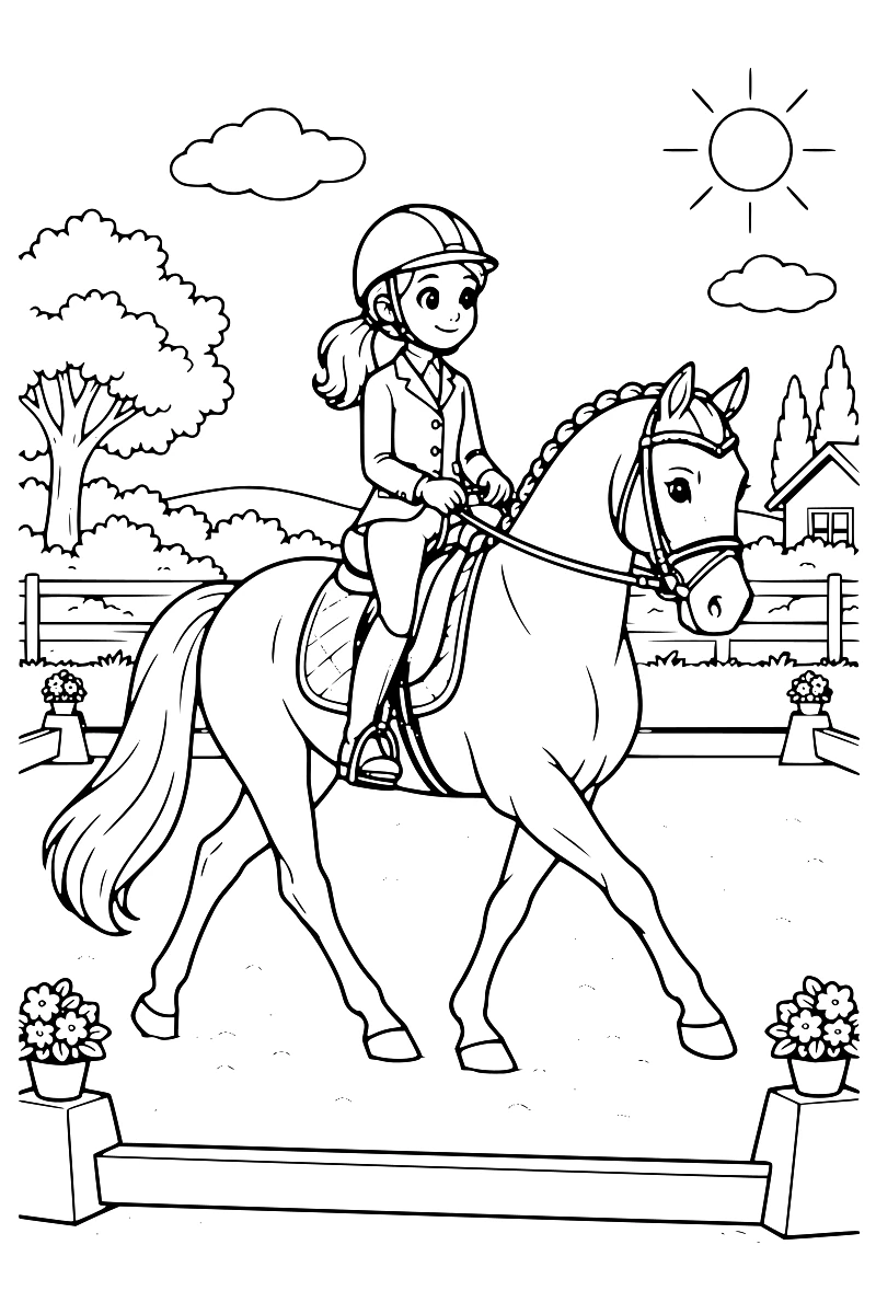 Jeune cavalière casquée en position de dressage sur un cheval au trot relevé dans une carrière rectangulaire.