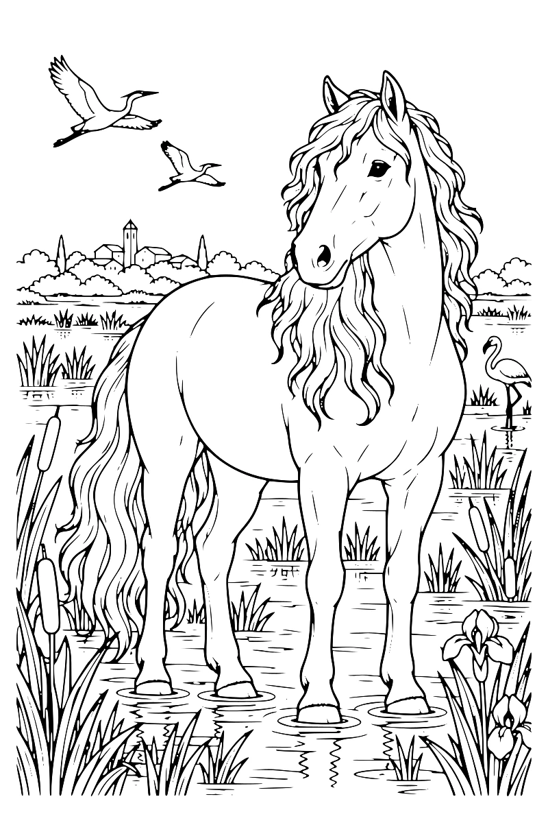 Cheval Camargue à la robe grise et à la crinière ondulée, debout dans les marais avec des roseaux et quelques oiseaux en arrière-plan.