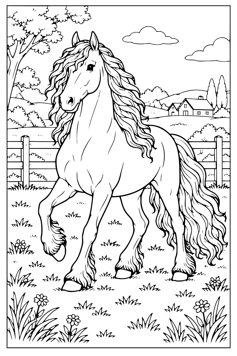 Cheval Frison à la robe noire et aux longs crins, au trot dans un pré avec une clôture en arrière-plan.
