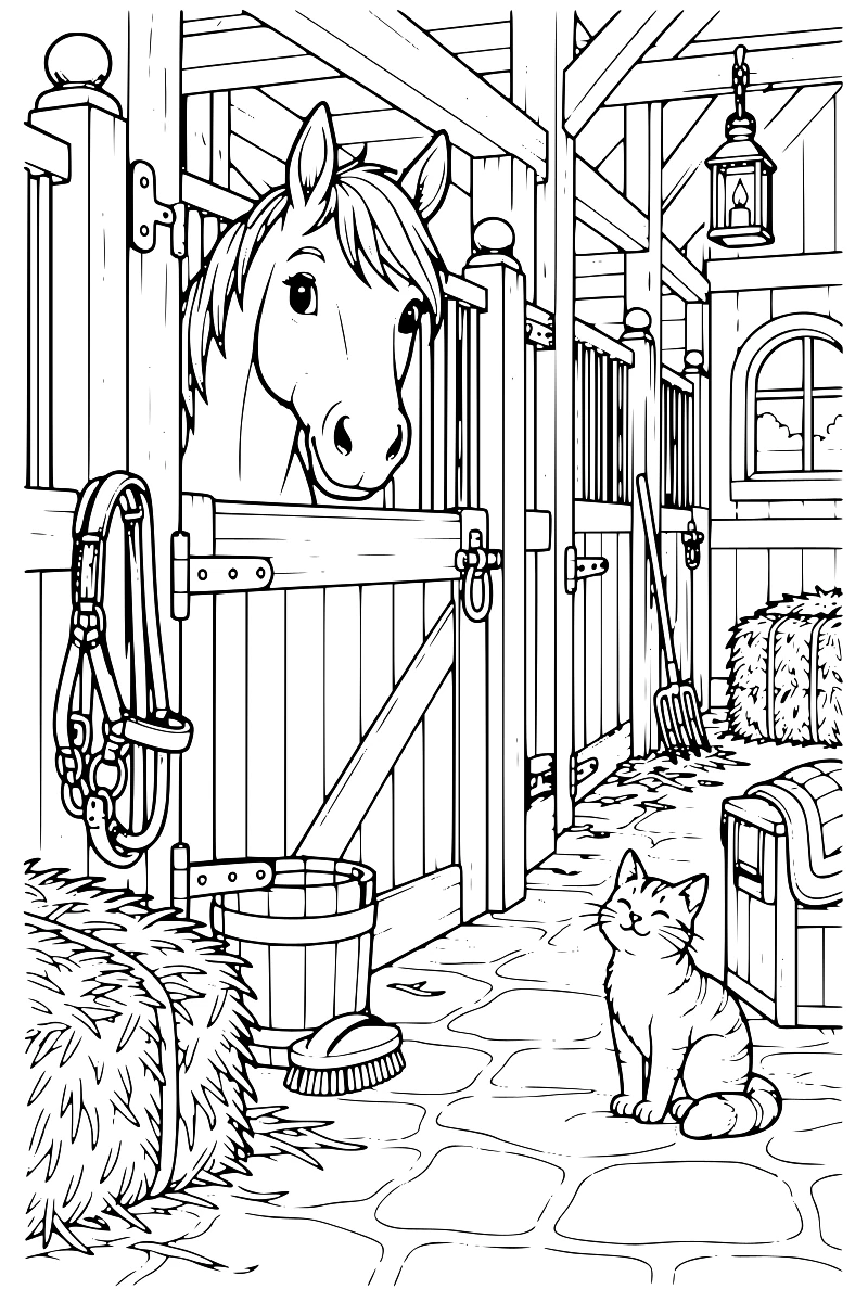 Cheval passant la tête par-dessus la porte de son box dans une écurie en bois, avec des bottes de foin et une lanterne.
