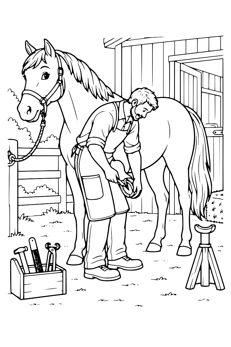 Maréchal-ferrant debout près de l’épaule d’un cheval, tenant un antérieur levé pour ferrer son sabot dans une cour d’écurie.