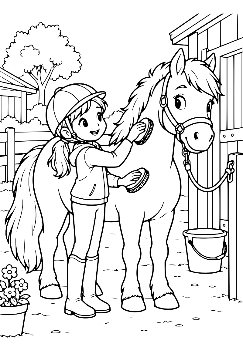 Enfant debout à l’épaule d’un poney calme, le brossant dans une cour d’écurie.