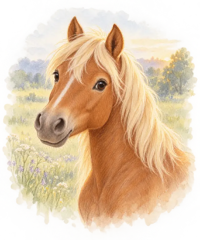 Poney à la robe alezan aux crins lavés
