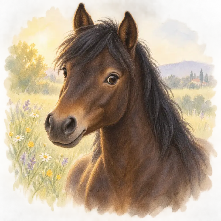 Poney à la robe bai-brun