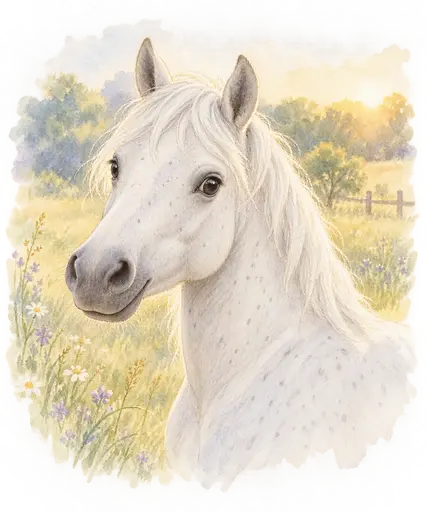 Poney à la robe gris clair