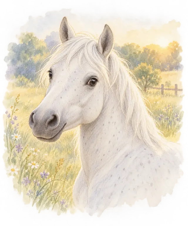 Poney à la robe gris clair