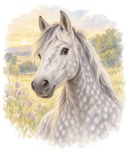 Poney à la robe gris pommelé
