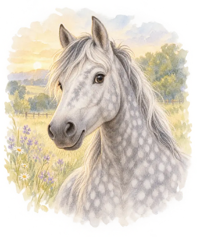 Poney à la robe gris pommelé