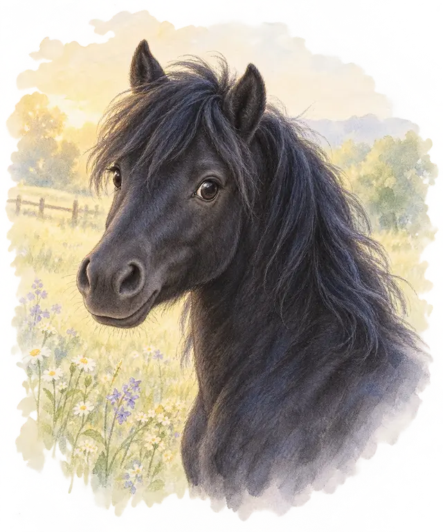 Poney à la robe noir