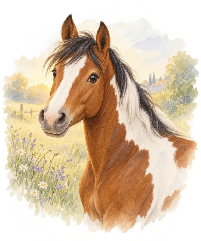 Poney à la robe pie bai