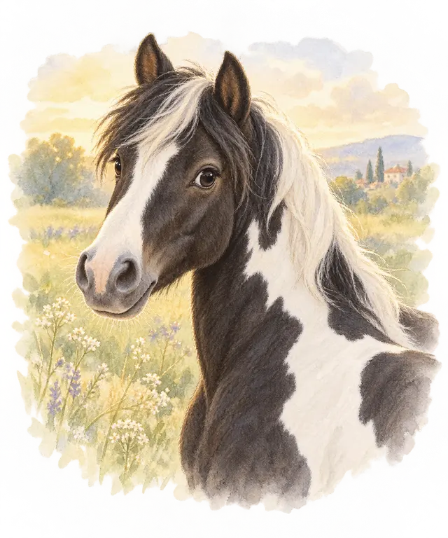 Poney à la robe pie noir