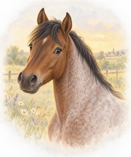 Poney à la robe rouan