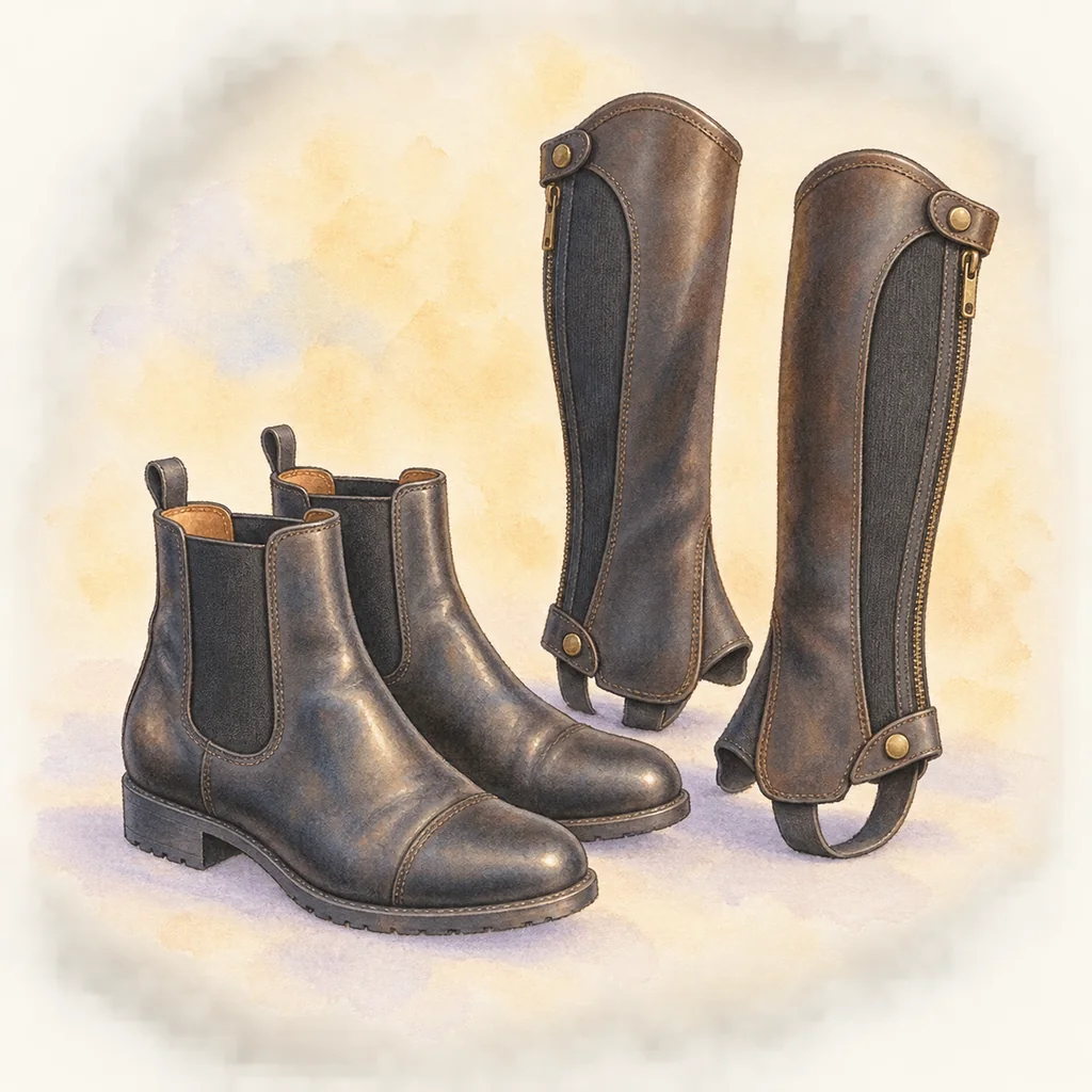 Boots et mini-chaps, illustration à l'aquarelle