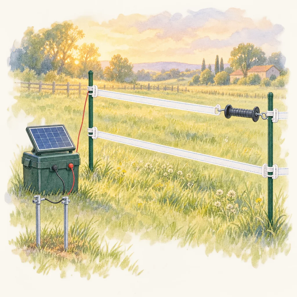 Clôture électrique, illustration à l'aquarelle