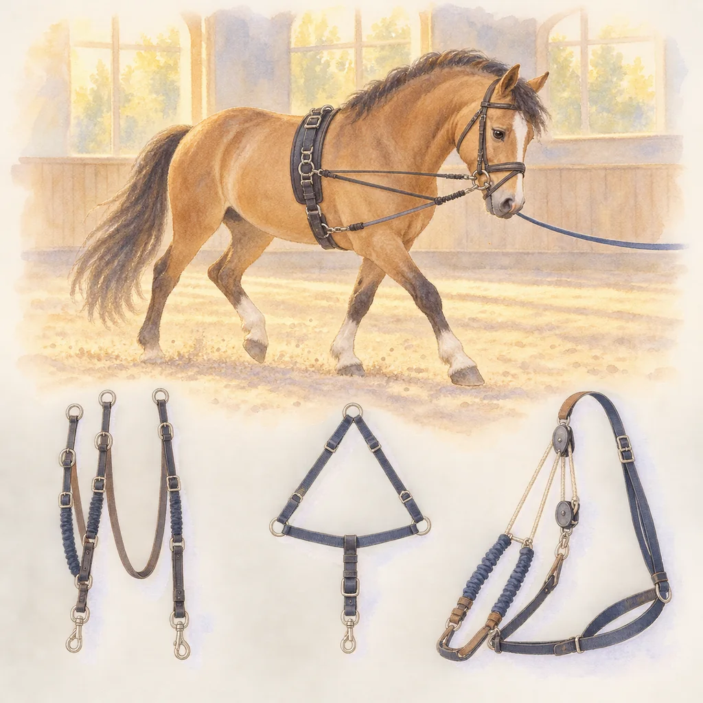 Élastiques et enrênements de longe, illustration à l'aquarelle