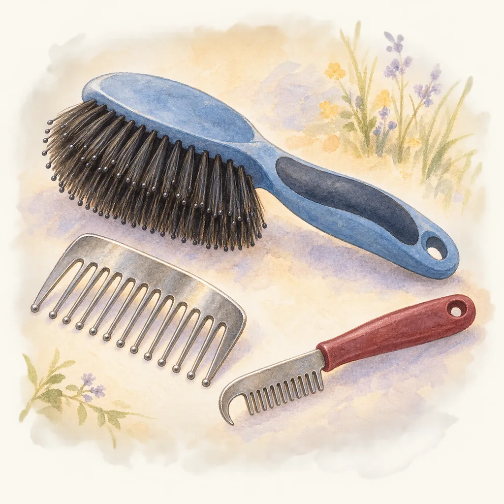 Peigne et brosse à crins, illustration à l'aquarelle