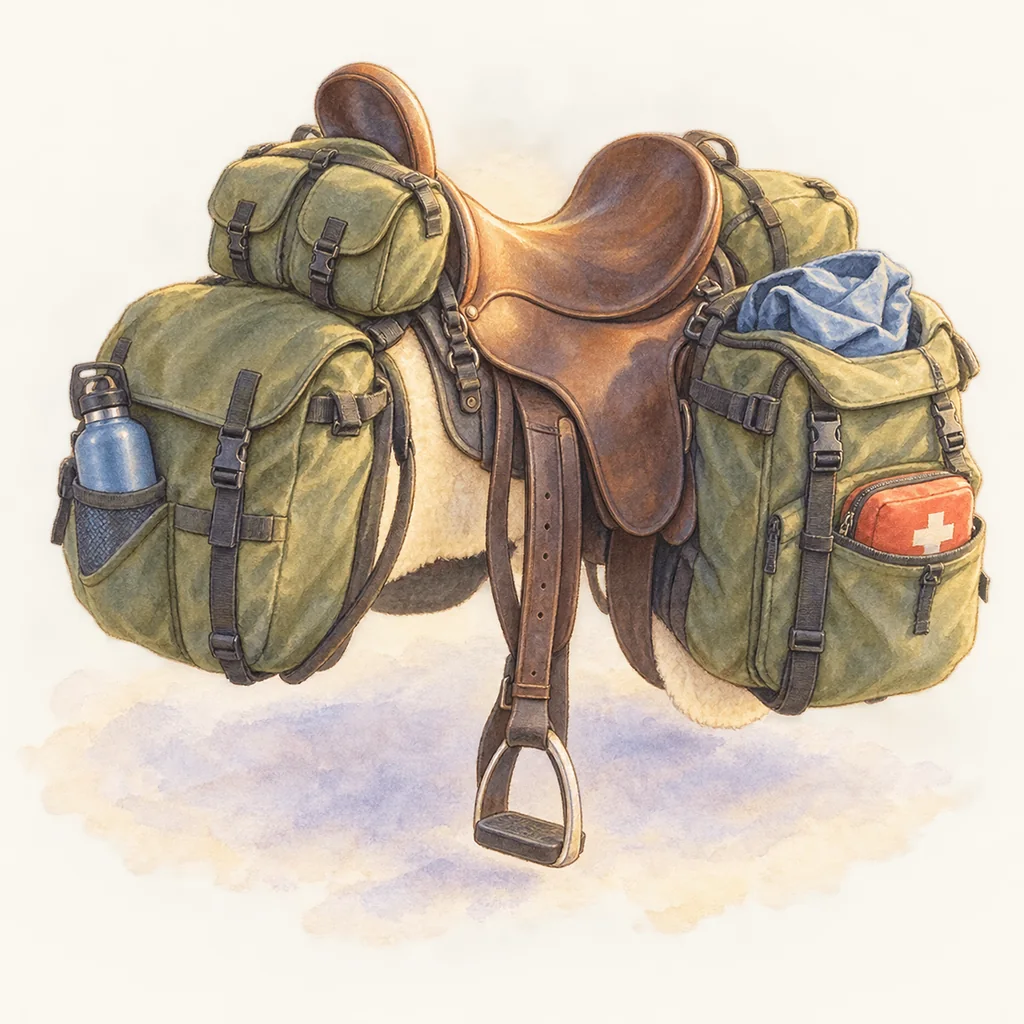 Sacoches de randonnée, illustration à l'aquarelle